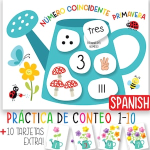 May include: A colorful educational poster with a watering can design, featuring numbers, counting symbols, and the word "tres." Includes illustrations of flowers, mushrooms, and insects. The text reads "PRÁCTICA DE CONTEO 1-10" and "+10 TARJETAS EXTRA!"