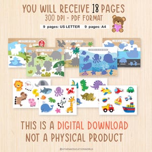 K&ouml;nnte beinhalten: Digitaler Download von Lernzuordnungsspielen. Das Bild zeigt verschiedene Puzzles zum Thema Tiere und Fahrzeuge, darunter Nutztiere, Dinosaurier und Meeresbewohner. Der Text lautet "YOU WILL RECEIVE 18 PAGES" und "THIS IS A DIGITAL DOWNLOAD NOT A PHYSICAL PRODUCT."