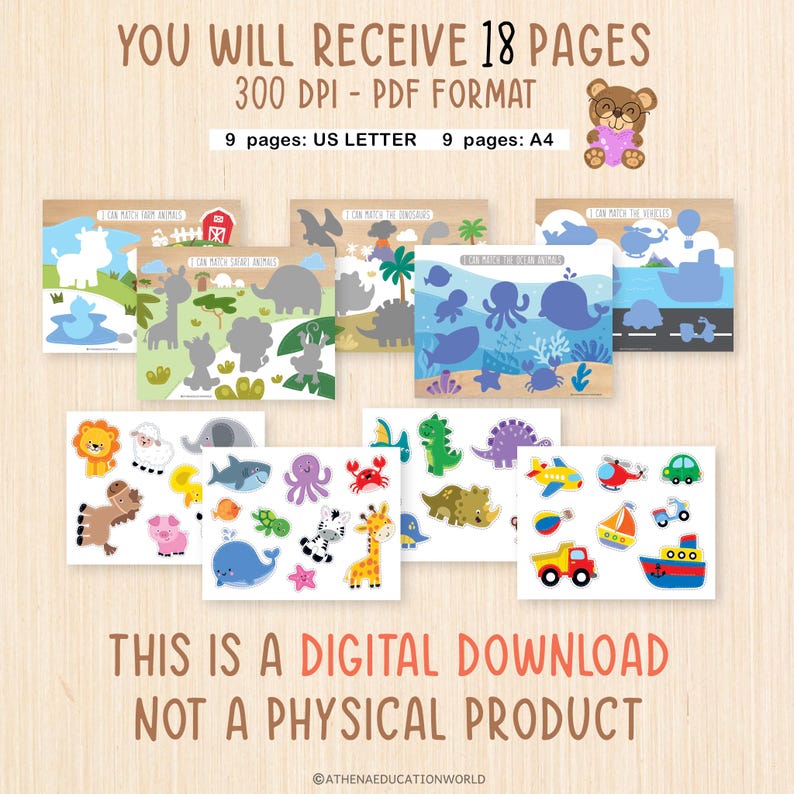 K&ouml;nnte beinhalten: Digitaler Download von Lernzuordnungsspielen. Das Bild zeigt verschiedene Puzzles zum Thema Tiere und Fahrzeuge, darunter Nutztiere, Dinosaurier und Meeresbewohner. Der Text lautet "YOU WILL RECEIVE 18 PAGES" und "THIS IS A DIGITAL DOWNLOAD NOT A PHYSICAL PRODUCT."