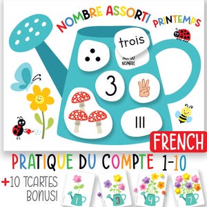 French Spring Number Match Activity,Counting Practice 1-10,Preschool Math Center,Montessori Learning,Number Printable,Pom Pom Activity