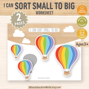 Op de afbeelding: Een educatief werkblad van twee pagina's met de titel I CAN SORT SMALL TO BIG met kleurrijke regenboog heteluchtballonnen van verschillende groottes. De pagina bevat witte wolken, een grijze silhouet om te sorteren en badges voor digitale download, Montessori-leren en leeftijden 3+.