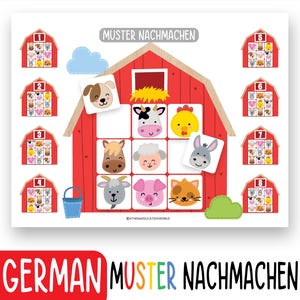 May include: A red barn with a white roof and a hay bale on top. The barn is divided into nine squares, each with a different farm animal illustration. The squares are labeled with numbers 1 through 9. The text "MUSTER NACHMACHEN" is written in black letters above the barn. The text "GERMAN MUSTER NACHMACHEN" is written in colorful letters below the barn.