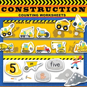 Construction Counting Worksheet, Number Tracing Activity, Trucks Number Matching, Preschool, Kindergarten Montessori Counting, Homeschool