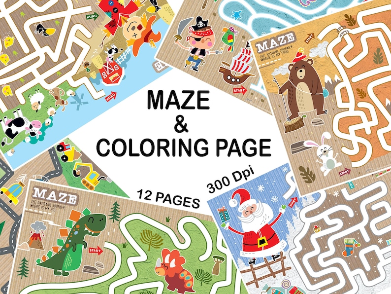 May include: A set of 12 printable maze and coloring pages for kids. The pages feature a variety of themes, including farm animals, pirates, winter, and dinosaurs. Each page includes a maze and a coloring page. The pages are 300 DPI and are perfect for kids of all ages.
