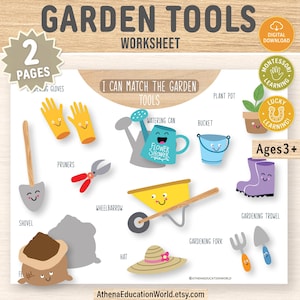 May include: A worksheet titled "Garden Tools" with illustrations of gardening tools, including gloves, a watering can, and a wheelbarrow. The text "I Can Match the Garden Tools" is also present. The worksheet is designed for ages 3+.
