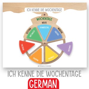 Puede incluir: Un gráfico educativo de madera con el texto "ICH KENNE DIE WOCHENTAGE" y una rueda colorida que ilustra los días de la semana. Los días están etiquetados en alemán, con "Donnerstag" en azul claro y "Freitag" en azul oscuro.