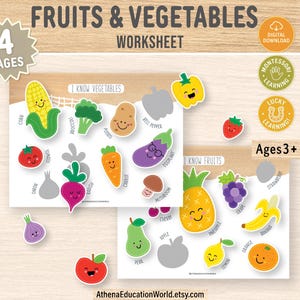 Op de afbeelding: Educatief werkblad met kleurrijke illustraties van fruit en groenten, waaronder maïs, broccoli en een lachende ananas. Het werkblad is getiteld "Fruits & Vegetables Worksheet" en is ontworpen voor kinderen vanaf 3 jaar. Bevat de tekst "Digitale download".