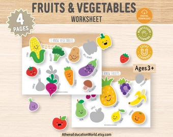 Puede incluir: Hoja de trabajo educativa con ilustraciones coloridas de frutas y verduras, incluyendo maíz, brócoli y una piña sonriente. La hoja de trabajo está etiquetada como "Fruits & Vegetables Worksheet" y está diseñada para niños de 3 años o más. Incluye el texto "Descarga digital".