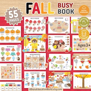Op de afbeelding: Een digitaal Fall Busy Book met 55 pagina's vol educatieve activiteiten voor kinderen vanaf 3 jaar. De pagina's bevatten telopdrachten, patroonherkenning, vormherkenning en dierenpuzzels met herfstthema's zoals pompoenen en bladeren.