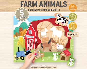 Farm Animals Shadow Matching toddler Game,Toddlers Shadow Matching, Montessori Education, Busy Book Page Print,Preschooler Matching Activity