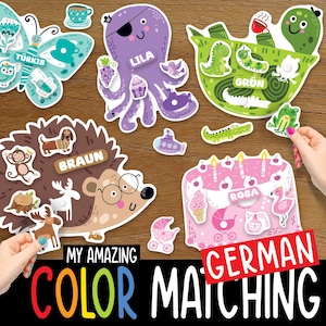 Könnte beinhalten: Ein farbenfrohes Lernspiel mit Tier- und Objektausschnitten. Das Spiel zeigt einen Schmetterling, einen Oktopus, einen Igel und andere Formen mit deutschen Farbetiketten. Der Text "MY AMAZING COLOR MATCHING" wird am unteren Rand des Bildes angezeigt.
