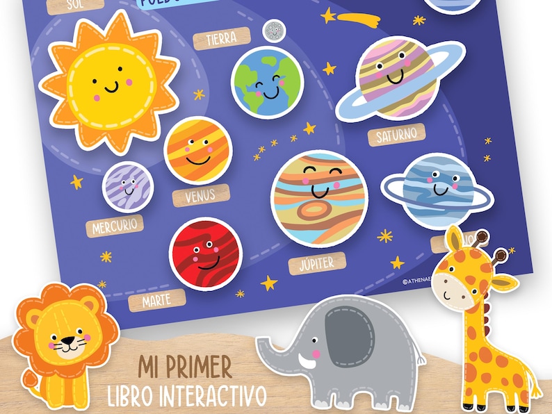 May include: A colorful educational poster featuring smiling cartoon planets, the sun, and stars against a dark blue background. Includes a lion, elephant, and giraffe. The text "MI PRIMER LIBRO INTERACTIVO" is visible.