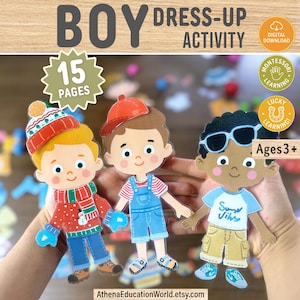 May include: A colorful "Boy Dress-Up Activity" set featuring three paper dolls with various outfits. The dolls are held in front of a wooden background. The set includes 15 pages and is designed for ages 3+. The text "Digital Download" and "Montessori Learning" are also visible.