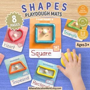 May include: A set of eight educational playdough mats featuring various shapes like a square, heart, triangle, hexagon, trapezoid, rectangle, and circle. Each card displays the shape name, a character face, and a space for tracing the word.