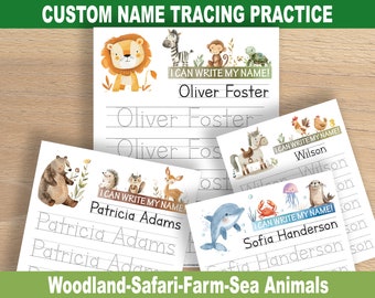 Custom Name Tracing Page, Personalized Name Tracing Page, Name Tracing Practice, PreK Name Tracing, Toddler Name Tracing, Watercolor Animals