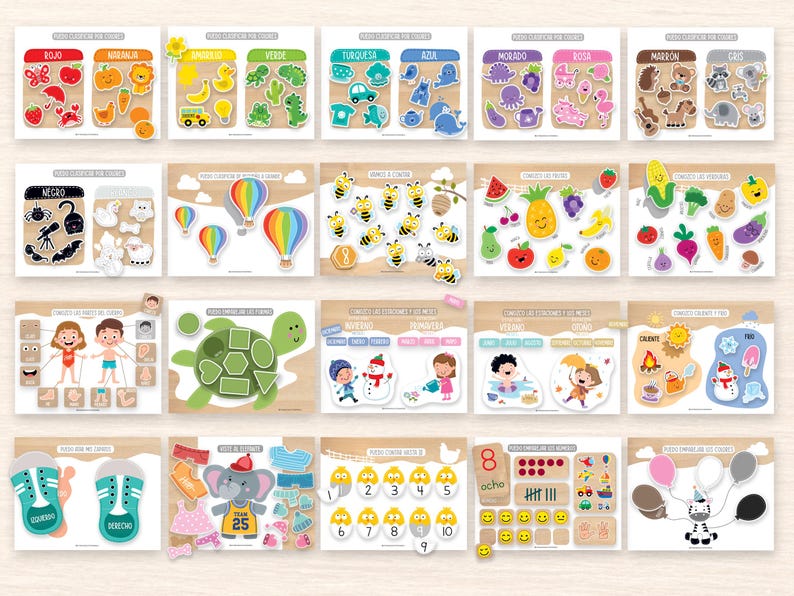 May include: A collection of educational wooden puzzles and matching games. The images include colorful illustrations of fruits, vegetables, animals, shapes, numbers, and seasonal themes. Each puzzle is designed to teach children about different concepts.