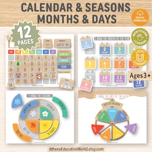 Puede incluir: Un conjunto de páginas educativas imprimibles tituladas Calendar & Seasons Months & Days que incluye un calendario de 2025, los meses del año y gráficos circulares para las estaciones y los días de la semana con iconos y etiquetas de texto.