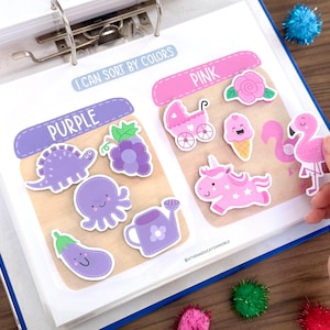 Op de afbeelding: Een educatieve activiteitenpagina getiteld I CAN SORT BY COLORS met twee secties gelabeld PURPLE en PINK. De paarse sectie bevat een dinosaurus, druiven, een octopus en een gieter. De roze sectie bevat een roos, kinderwagen, ijsje, een eenhoorn en een flamingo.