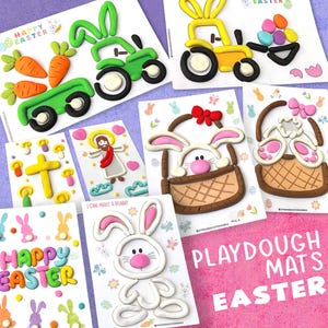 May include: A set of six colorful playdough mats featuring Easter themes. The mats include a bunny, a cross, a tractor, a basket, and the words "Happy Easter".