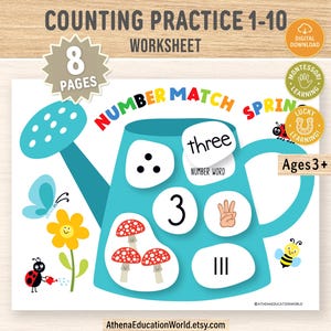 Puede incluir: Una hoja de trabajo para practicar el conteo, con una regadera azul y las palabras "NUMBER MATCH SPRING" y "three". Incluye ilustraciones de una mariposa, una flor, setas y una abeja. También está presente el texto "Ages 3+".