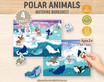 Puede incluir: Una hoja de trabajo de emparejamiento de animales polares con el texto "POLAR ANIMALS MATCHING WORKSHEET" y "4 PAGES". La hoja de trabajo presenta ilustraciones de animales árticos como focas, ballenas y pingüinos. El rango de edad es 3+.