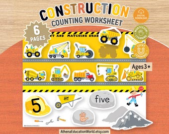 Könnte beinhalten: Ein Arbeitsblatt zum Zählen mit Baustellenfahrzeugen, Straßengrafiken, der Zahl 5, einer Schubkarre, einem Stein mit dem Wort five, einem Bauarbeiter und Werkzeugen. Das Blatt enthält den Text Construction Counting Worksheet.