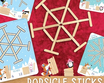 Snowflake Popsicle Stick Activity Winter Preschool Homeschool Craft Mats Toddler Fine Motor Game Montessori Kindergarten Printable Christmas