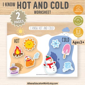 以下が含まれることがあります： I KNOW HOT AND COLDというタイトルの2ページの教育用ワークシート。左側には太陽、キャンプファイヤー、やかん、コーヒーカップのアイコンが描かれたベージュのエリアがあり、右側には雪の結晶、アイスキャンディー、雪だるま、氷のキューブが描かれた青いエリアがあります。
