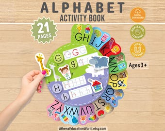 May include: Alphabet activity book with 21 pages. The book features colorful illustrations of letters, animals, and objects. Includes the text "Ages 3+" and "Digital Download". The book is designed for early learning and educational play.
