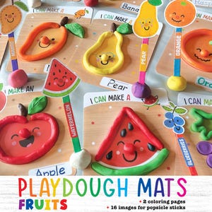 Tapis en pâte à modeler fruits à imprimer, activité amusante pour les enfants, apprendre les fruits avec de la pâte à modeler, jeu de construction Montessori, activité pour tout-petits, maternelle