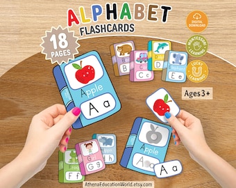 May include: A set of educational alphabet flashcards featuring colourful illustrations of animals and objects. Each card displays a letter in uppercase and lowercase, along with a corresponding word. The set includes 18 pages for children aged 3+.