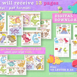 K&ouml;nnte beinhalten: Ein digitales Download-Set mit 13 Seiten, das Knetkarten zum Thema Dinosaurier in den Formaten A4 und US Letter enth&auml;lt. Die Seiten zeigen farbenfrohe Illustrationen verschiedener Dinosaurier, einen Vulkan, Palmen und Fu&szlig;abdr&uuml;cke.