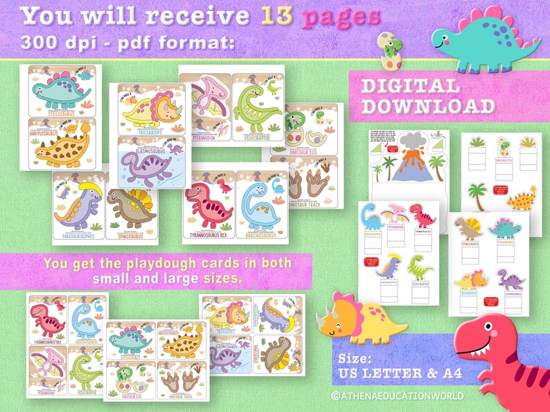 K&ouml;nnte beinhalten: Ein digitales Download-Set mit 13 Seiten, das Knetkarten zum Thema Dinosaurier in den Formaten A4 und US Letter enth&auml;lt. Die Seiten zeigen farbenfrohe Illustrationen verschiedener Dinosaurier, einen Vulkan, Palmen und Fu&szlig;abdr&uuml;cke.