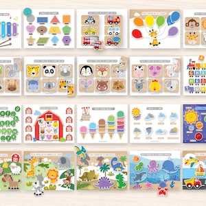 May include: A collection of colorful wooden puzzles for children. The puzzles feature various themes, including animals, shapes, vehicles, letters, and planets. Each puzzle is designed with bright colors and engaging illustrations.
