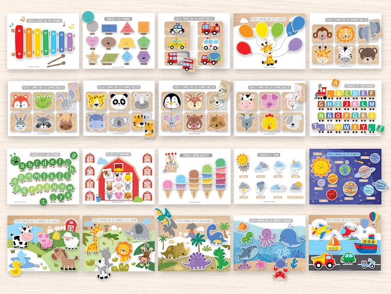 May include: A collection of colorful wooden puzzles for children. The puzzles feature various themes, including animals, shapes, vehicles, letters, and planets. Each puzzle is designed with bright colors and engaging illustrations.