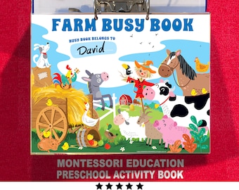 May include: A colorful farm-themed busy book for preschoolers. The cover features a variety of farm animals, including a horse, cow, pig, donkey, rooster, and chickens. The title of the book is "Farm Busy Book" and the text "Busy Book Belongs to David" is also included. The book is designed for Montessori education.