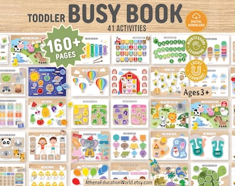 May include: A toddler busy book with 41 activities and over 160 pages. The cover features the text "Toddler Busy Book" and "Digital Download". The book includes various learning activities for children ages 3 and up, with colorful illustrations.