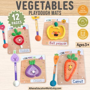 May include: A set of 12 pages of vegetable playdough mats featuring illustrations of a radish, bell pepper, onion, and carrot. Each mat includes text such as I CAN MAKE A and the vegetable name. Includes circular badges for digital download and ages 3+.