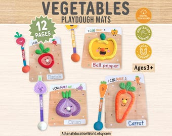 Tappetini per modellare la pasta modellabile con verdure stampabili / Attività per bambini con motivi di bastoncini di gelato / Schede di lavoro per la motricità fine dei più piccoli / Pacchetto PDF Montessori per la scuola materna