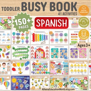 May include: A colorful toddler busy book with 41 activities and over 150 pages. The cover features the text "TODDLER BUSY BOOK" and "SPANISH". Includes digital download and Montessori learning activities for ages 3+. The book has various educational games.