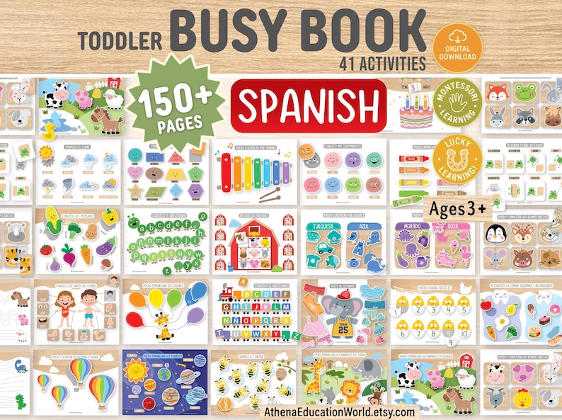 May include: A colorful toddler busy book with 41 activities and over 150 pages. The cover features the text "TODDLER BUSY BOOK" and "SPANISH". Includes digital download and Montessori learning activities for ages 3+. The book has various educational games.