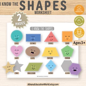 May include: An educational worksheet titled I KNOW THE SHAPES featuring colorful, smiling geometric shapes including a circle, rectangle, triangle, square, heart, ellipse, trapezoid, pentagon, star, parallelogram, rhombus, and hexagon with labels.