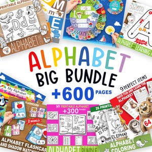 Puede incluir: Un paquete educativo colorido con materiales de aprendizaje del alfabeto. Incluye tarjetas didácticas, páginas para colorear y libros de actividades. El texto "ALPHABET BIG BUNDLE +600 PAGES" se muestra de forma destacada, junto con otros textos como "ALPHABET LEARNING" y "ALPHABET COLORING".