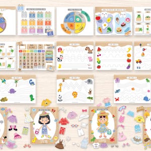 Op de afbeelding: Een verzameling educatieve werkbladen en papieren poppensets met kleurrijke illustraties van kalenders, weerwielen, voedselgroepen, overtrekpaden en seizoensgebonden figuren met diverse kledingstukken voor verschillende tijden van het jaar.