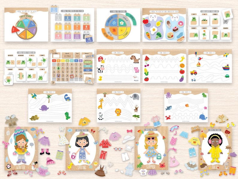 Op de afbeelding: Een verzameling educatieve werkbladen en papieren poppensets met kleurrijke illustraties van kalenders, weerwielen, voedselgroepen, overtrekpaden en seizoensgebonden figuren met diverse kledingstukken voor verschillende tijden van het jaar.