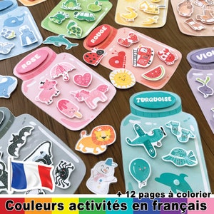 Französisches Arbeitsblatt zur Farbabstimmung, Sortieren von Farben in Gläsern, Farbsortierung Binder Spiel, Vorschuldrucke, Farblernen in der Schule, Montessori Farbe