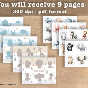 Puede incluir: Imprimible educativo con criaturas marinas y animales. Incluye actividades de emparejamiento con siluetas y figuras recortadas. El texto dice "You will receive 9 pages 300 dpi - pdf format" y "SHADOW MATCHING". Las ilustraciones son en colores pastel suaves.