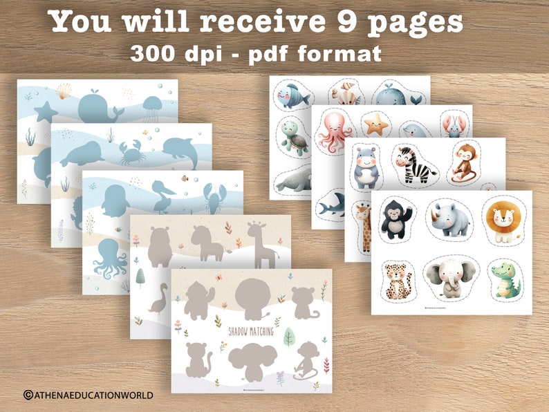 Puede incluir: Imprimible educativo con criaturas marinas y animales. Incluye actividades de emparejamiento con siluetas y figuras recortadas. El texto dice "You will receive 9 pages 300 dpi - pdf format" y "SHADOW MATCHING". Las ilustraciones son en colores pastel suaves.