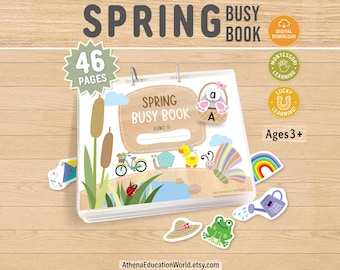 May include: A Spring Busy Book with 46 pages, featuring colorful illustrations of a butterfly, duck, snail, and rainbow. The cover has the text "Spring Busy Book" and "Belongs to". Includes digital download and Montessori learning badges. Ages 3+.