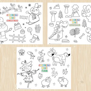 May include: Three black and white coloring pages. The first page features a snowman, Santa Claus, and other Christmas-themed images. The second page features dinosaurs. The third page features farm animals.